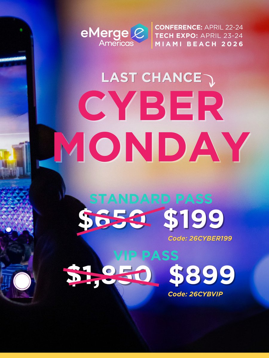 eMergeAmericas's tweet image. LAST CALL! For 24 hours only, you can secure your eMerge Americas passes at an unbeatable price using the codes below! 🎟️🤖✨

Standard Code: 26CYBER199
VIP Code: 26CYBVIP

Register now ➡️ zurl.co/9IE8d 

#FloridaTech #Innovation #GlobalTech #Sale #CyberMonday