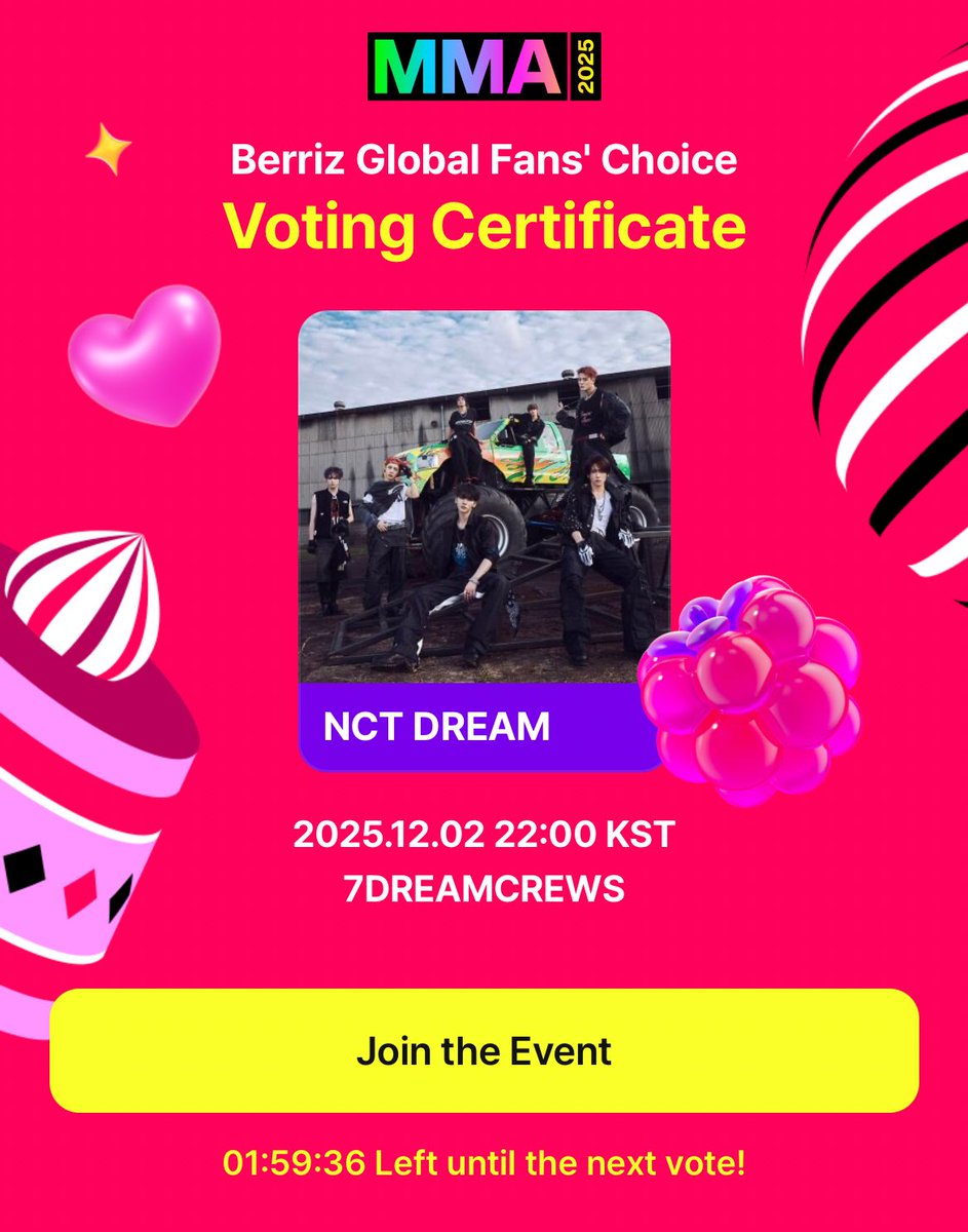 7DREAM_CREW's tweet photo. 🚨 MASS VOTE START🚨

DREAMzens‼️ It’s time to vote as many as you can for MMA Berriz and secure a higher rank for #NCTDREAM 🔥

🎯 1st Place
⏰ 10-11:59 PM KST
🔗 https://t.co/RP4KRQmY1c

QRT with your proof and tag fellow dreamzens to join💪🏻

#DreamzenVote #DzFightforMMA https://t.co/CNJtDZnl7S
