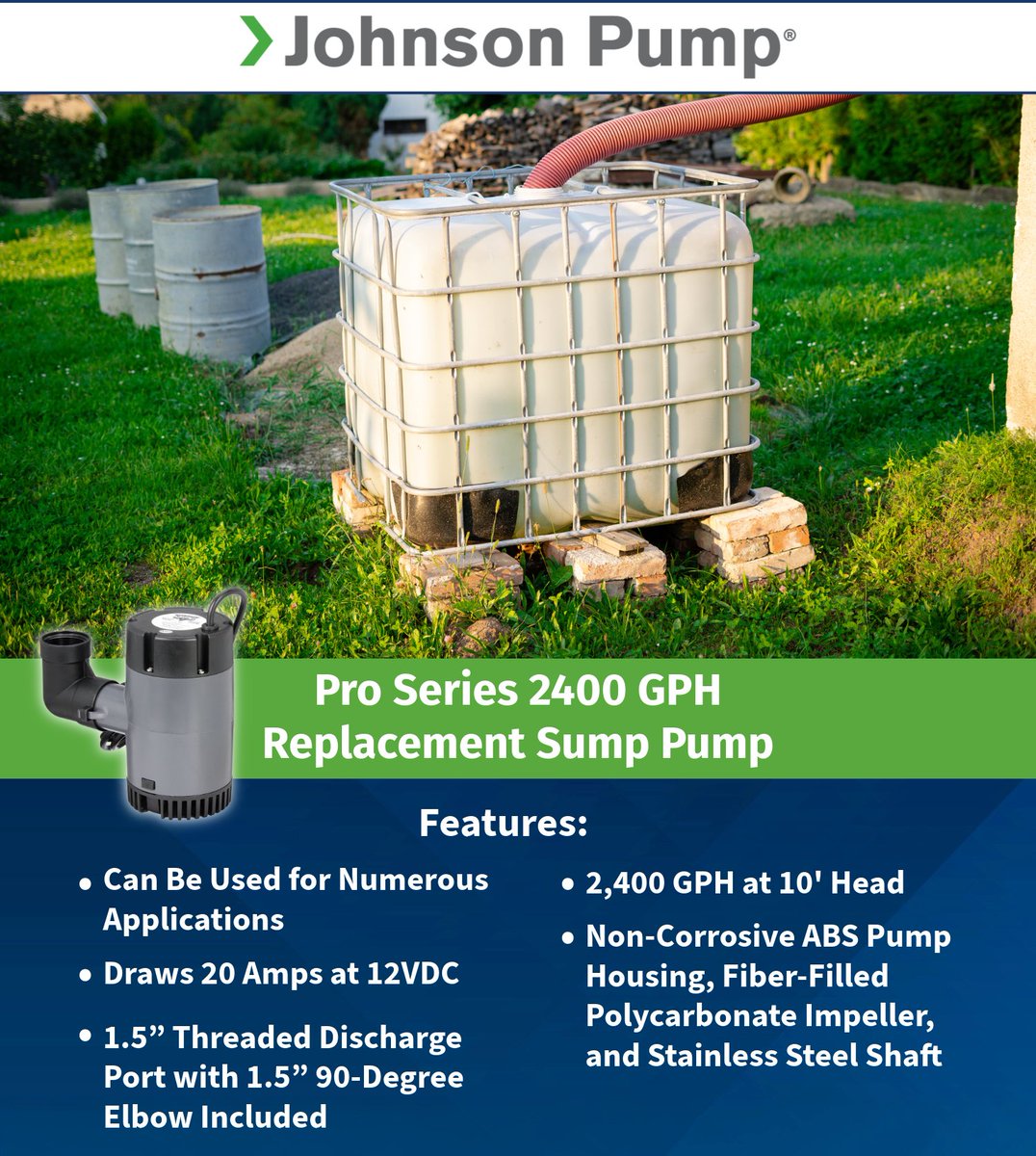 Johnson Pump’s Pro Series 2400 GPH Replacement Sump Pump is a direct replacement pump for Glentronics Battery Backup Sump Pump Systems but can also be used for numerous applications that involve moving water. Now offered through CWR at a discounted price! cwr.link/h5gXPw6