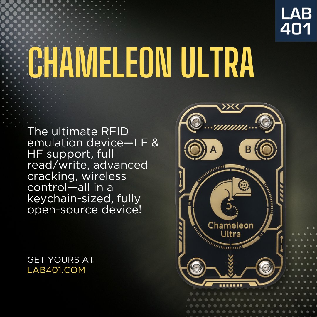 Lab_401's tweet image. Meet the Chameleon Ultra: the world’s smallest RFID emulation device! Dual-frequency, full R/W, cracking edge tech, wireless control—all in a keychain-sized open-source marvel! 🧩✨ l.lab401.com/1BYEx 
#Lab401 #ChameleonUltra #pentesting #Infosec #RFID #Wireless #OpenSource
