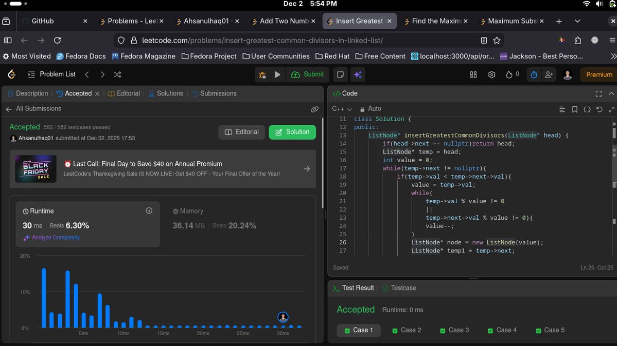 ulhaqcdr's tweet image. DAY 74-90
-&amp;gt;[2807. Insert Greatest Common Divisors in Linked List]
-&amp;gt;[3760. Maximum Substrings With Distinct Start]
-&amp;gt;[2894. Divisible and Non-divisible Sums Difference]
#DSA #LeetCode #problemSolving 
2807 -&amp;gt; code fro this problem is in description