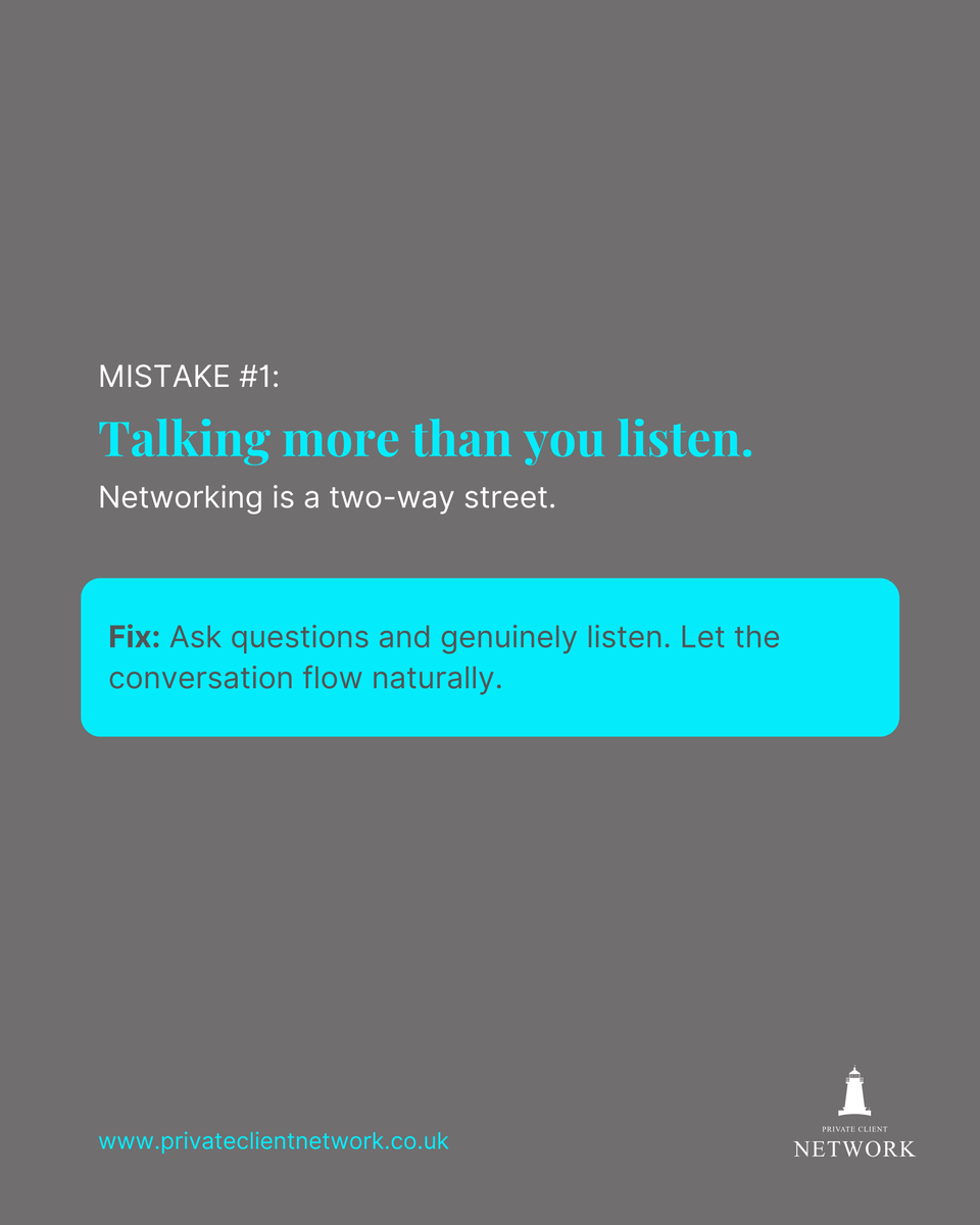 Private_Client_'s tweet image. Networking isn’t just about showing up, it’s about showing up well. 

Here are a few common mistakes to avoid so every conversation leads to stronger, more meaningful connections.

Swipe through to learn how to elevate your networking game. 🤝

#PrivateClientNetwork #UKNetworking