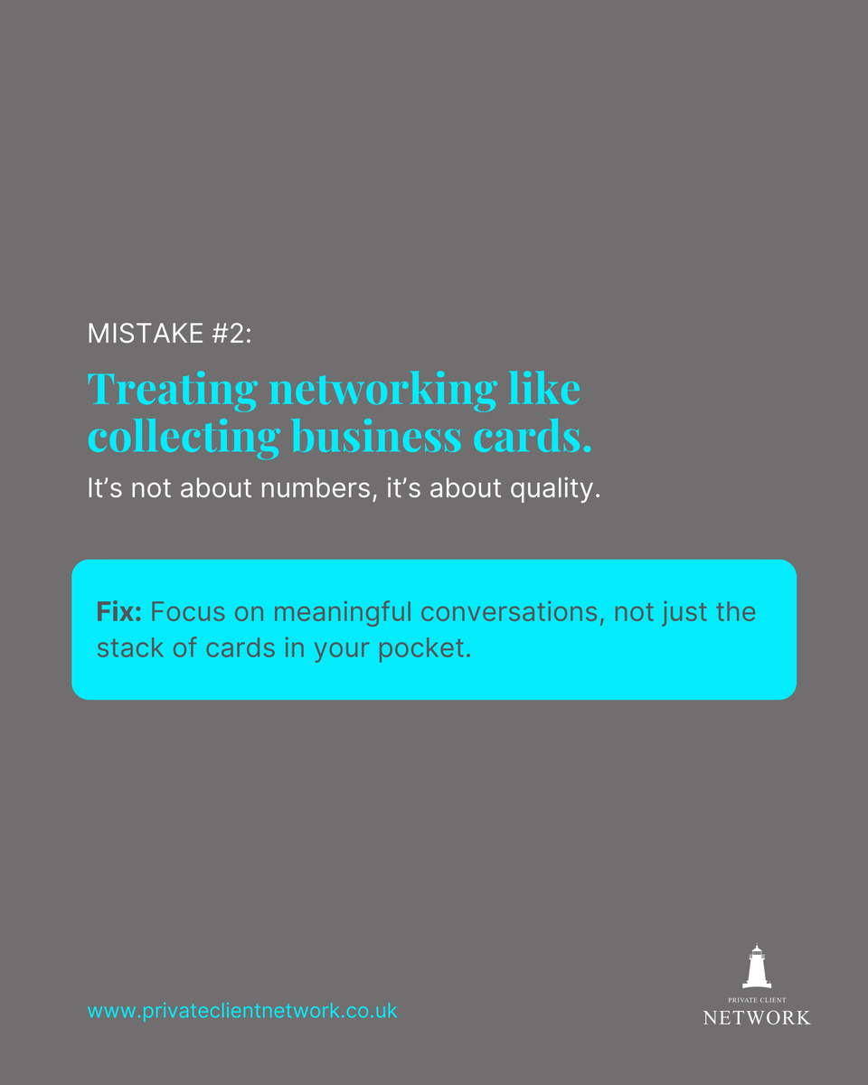 Private_Client_'s tweet image. Networking isn’t just about showing up, it’s about showing up well. 

Here are a few common mistakes to avoid so every conversation leads to stronger, more meaningful connections.

Swipe through to learn how to elevate your networking game. 🤝

#PrivateClientNetwork #UKNetworking