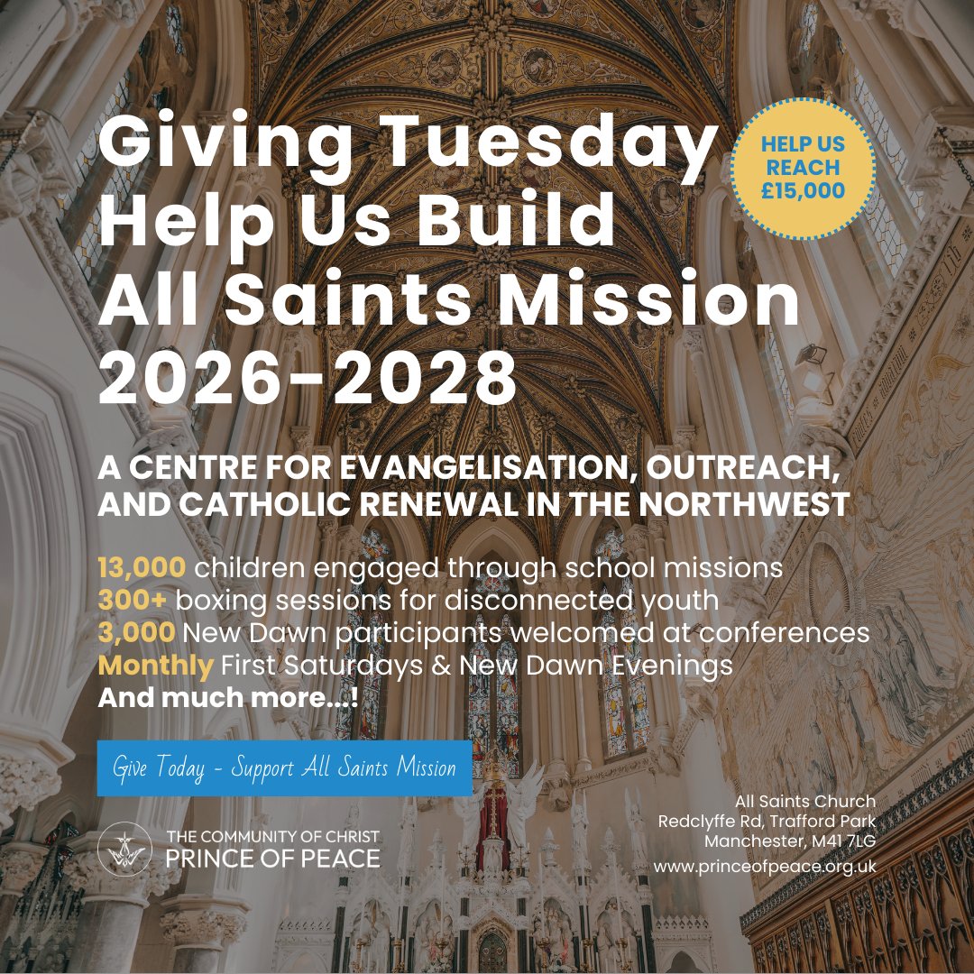 ✨ Giving Tuesday ✨ Help build All Saints Mission - a mission centre for evangelisation, outreach, and Catholic renewal in the Northwest. 

Goal: £15,000 to support New Dawn Conferences, school missions, boxing club, First Saturdays &amp; more! 💛 
donate.princeofpeace.org.uk
