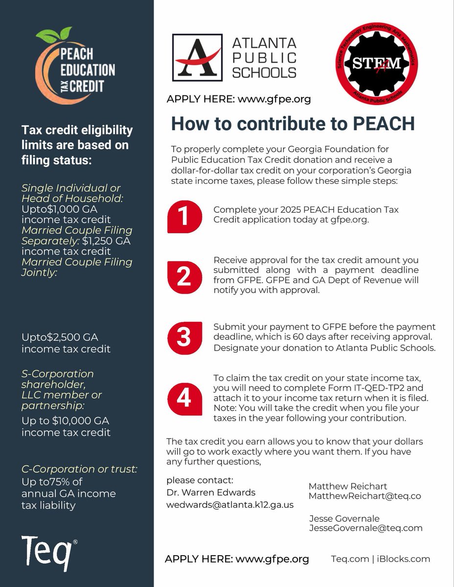 apssteam's tweet image. GA Gives Day is TODAY! 
Direct your GA tax dollars to support APS STEM + iBlocks.
You get a $1-for-$1 tax credit. Students get real STEM opportunities.
Apply: gfpe.org → Select Atlanta Public Schools
#GAGivesDay #ChooseAPS #APSProud @apsupdate @DocSTEM