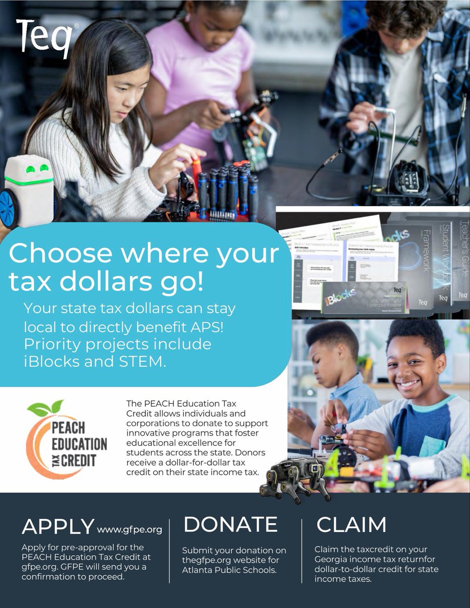 apssteam's tweet image. GA Gives Day is TODAY! 
Direct your GA tax dollars to support APS STEM + iBlocks.
You get a $1-for-$1 tax credit. Students get real STEM opportunities.
Apply: gfpe.org → Select Atlanta Public Schools
#GAGivesDay #ChooseAPS #APSProud @apsupdate @DocSTEM