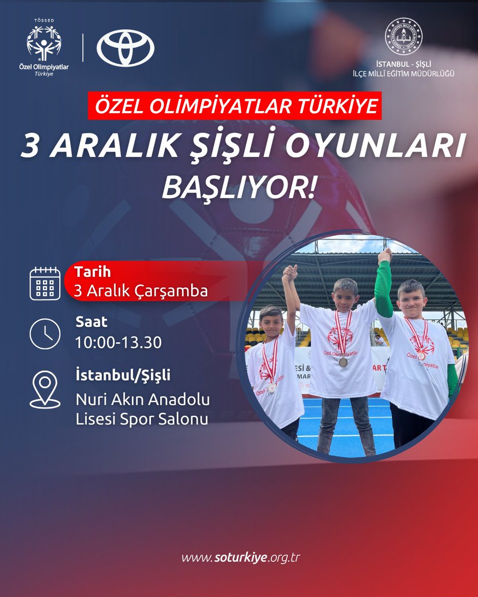 🥇 Özel Olimpiyatlar Türkiye, 3 Aralık Dünya Engelliler Günü’nde “Şişli Oyunları” ile özel sporcuları buluşturuyor!

📍3 Aralık 2025 – Nuri Akın Anadolu Lisesi Spor Salonu

🏀 Atletizm, 3x3 karma basketbol ve bocce müsabakalarında 80 özel sporcuya 30 gönüllü partner eşlik edecek.