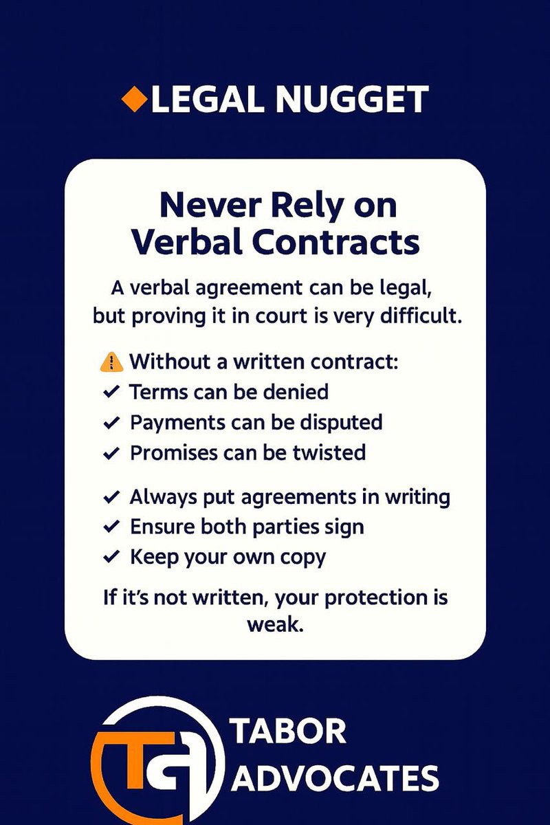 TaborAdvocates's tweet photo. While verbal agreements are legally recognized, they are often difficult to prove in court because there is no written record of the terms agreed upon. Without documentation, disputes easily become one person’s word against another’s, making enforcement uncertain. 
#contractslaw https://t.co/VxL0H5w9Tb