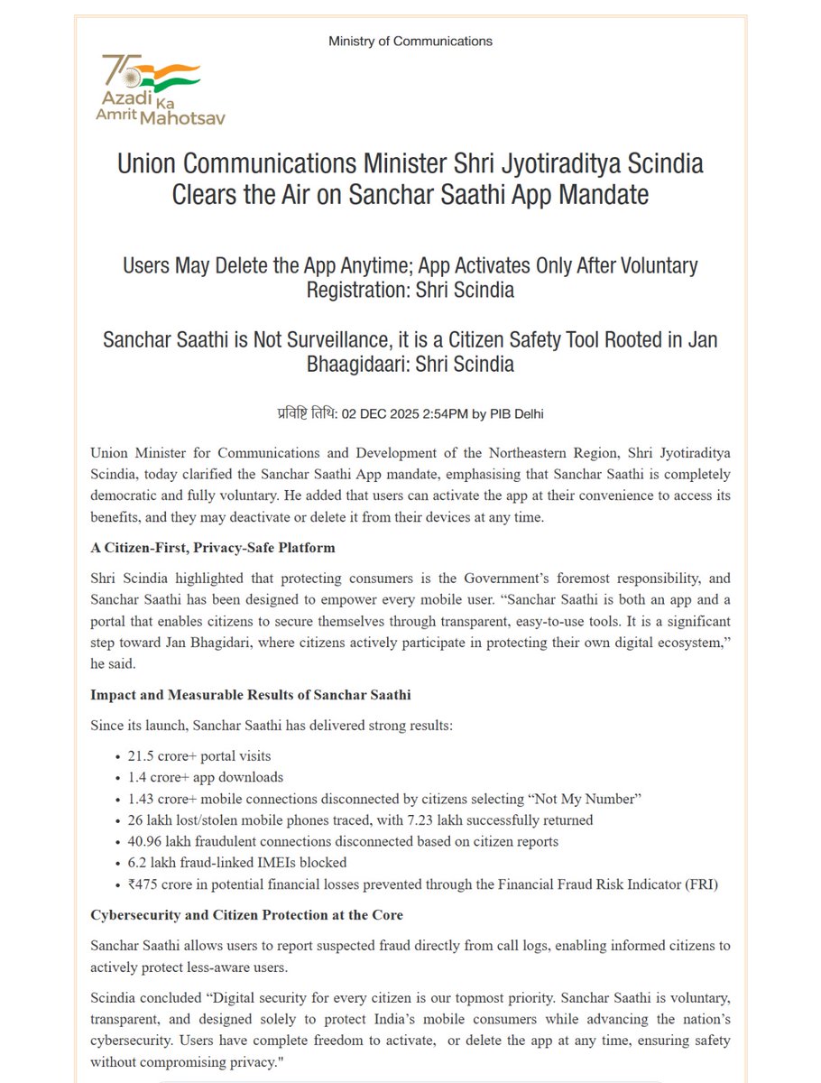 DoT_India's tweet image. #SancharSaathiApp is built to empower every mobile user, not monitor them. The app is fully voluntary, activates only after user consent, and can be deleted anytime.

With transparent tools, fraud protection features, and lakhs of stolen phones traced, Sanchar Saathi continues to…