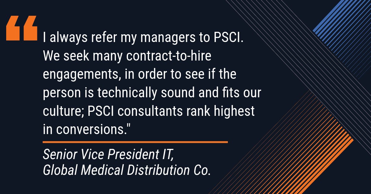 PSCI's tweet image. At #PSCI, success is more than placements. We help clients build teams that thrive, combining skills and fit to make an impact. Contact us to find the right #TechTalent for your team today. #ITStaffing #Testimonial bit.ly/3Z9wdaS