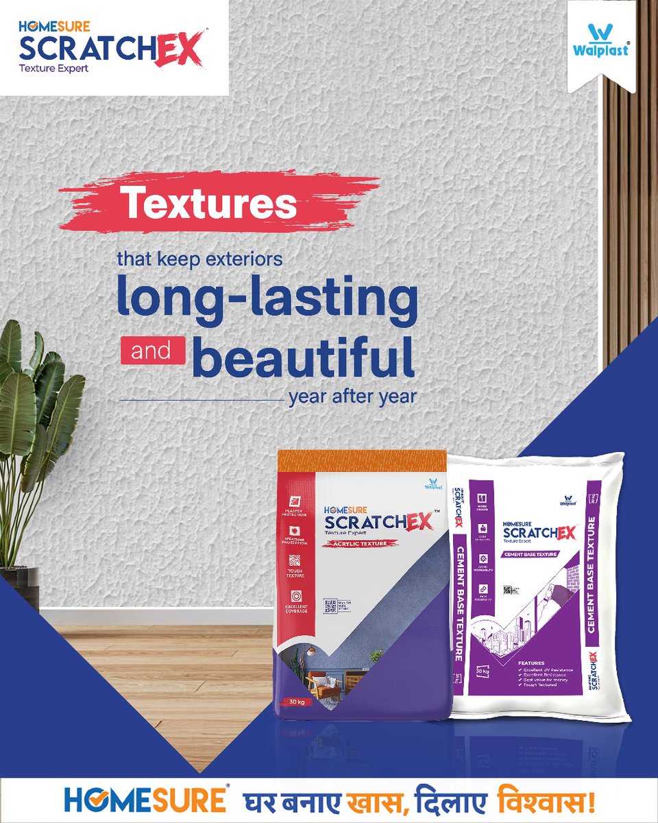 Walplast's tweet image. #HomeSure ScratchEx combines beauty with protection. Its high-performance texture shields plaster from harsh weather, resists cracks, &amp;amp; delivers long-lasting durability. For beautiful exteriors, choose #ScratchEx.

Visit: walplast.com/brands/homesur…

#WallTexture #TexturedWalls