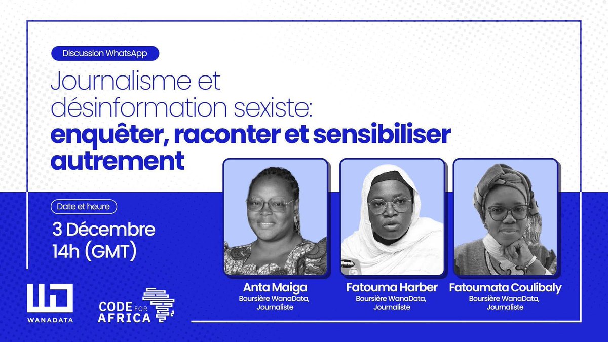 Inscrivez-vous et soyez des nôtres demain à 14H pour parler de comment Enquêter, Raconter et Sensibiliser autrement les uns et autres sur la Désinformation sexiste/Genrée avec les 3 Boursières du programme DDI de #Wanadata .
Lien d'inscription  chat.whatsapp.com/FsC9q3PGTsFKWD…