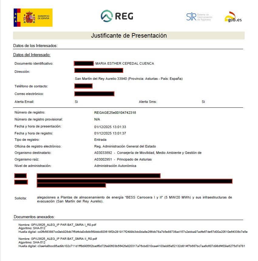Nuestra portavoz, en nombre de Izquierda Unida Samartín , ha presentado alegaciones ante la <a href="/MovilidadAst/">Consejería de Movilidad</a>  contra el proyecto del parque de baterías previsto en el concejo.