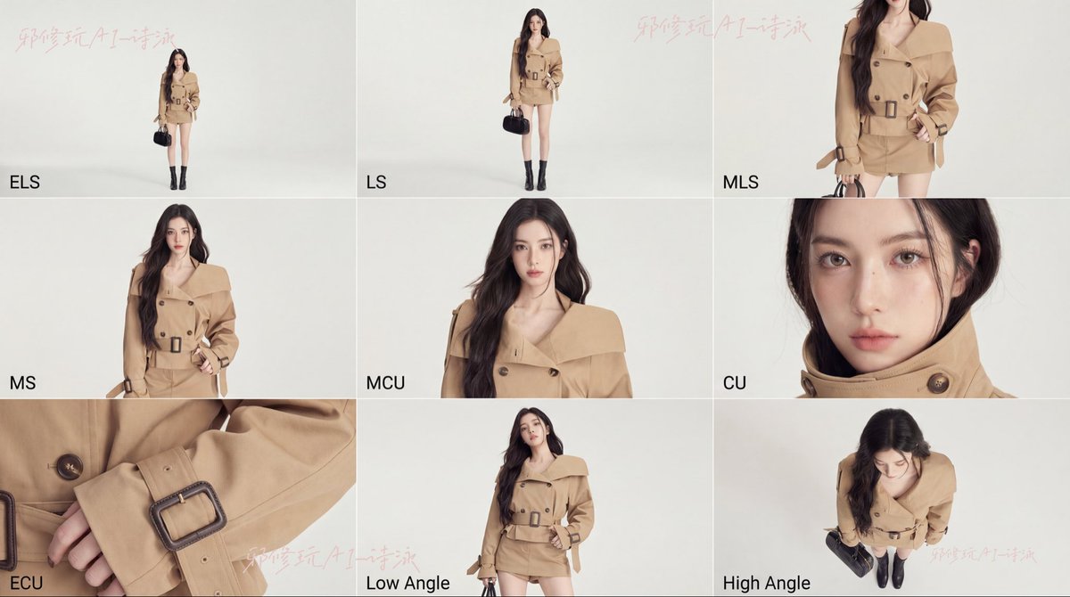 LiEvanna85716's tweet image. Generate a 3x3 cinematic storyboard grid.  
One consistent female model, same outfit, same lighting.  
Theme: French high-end double-breasted trench coat.  
Camera shots sequence:  
Row1: ELS, LS, MLS  
Row2: MS, MCU, CU  
Row3: ECU (details), Low Angle Shot, High Angle Shot