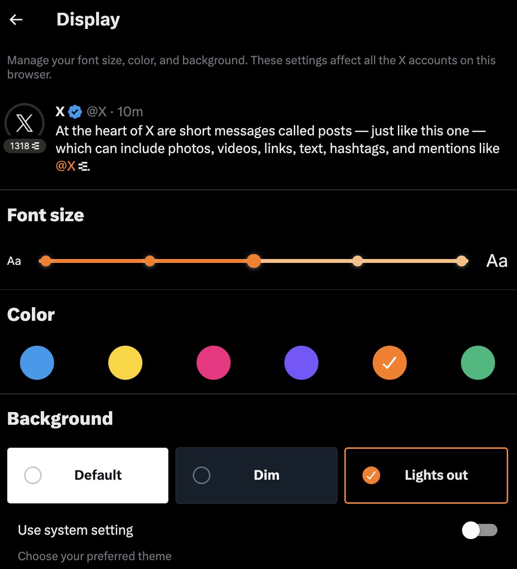 treeonchain's tweet image. I was today years old when I realized you can personalize your theme on X

Go to:

Premium &amp;gt; Theme 

Pick the color, size, and light settings