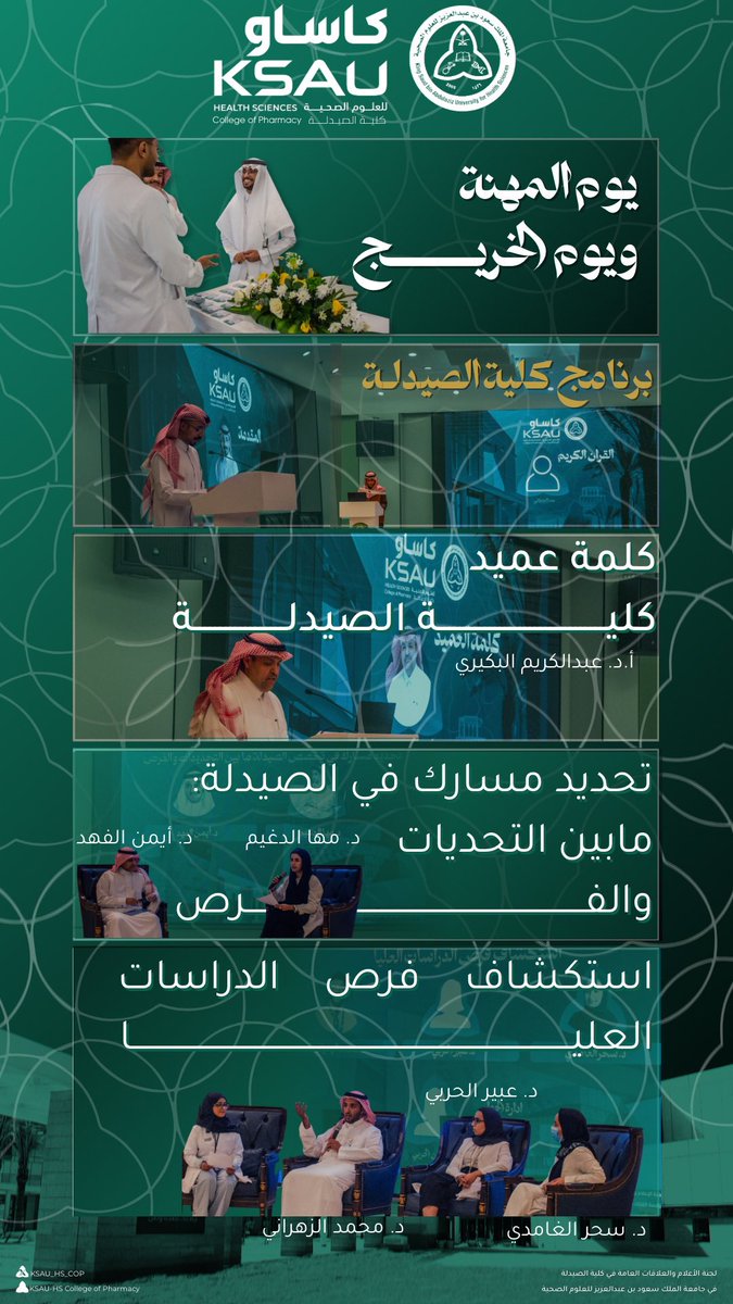 ضمن برنامج #كلية_الصيدلة في #يوم_المهنة و #يوم_الخريج <a href="/KSAU_DSA/">عمادة شؤون الطلاب</a>،
استهل البرنامج عميد كلية الصيدلة أ.د. عبدالكريم الكبيري بكلمة محفزة أكّد فيها أهمية الاستثمار في طلابنا وتمكينهم للانطلاق نحو مستقبل مهني واعد.
وتضمّنت الجلسات نقاشات ملهمة حول تحديد المسارات المهنية في الصيدلة،