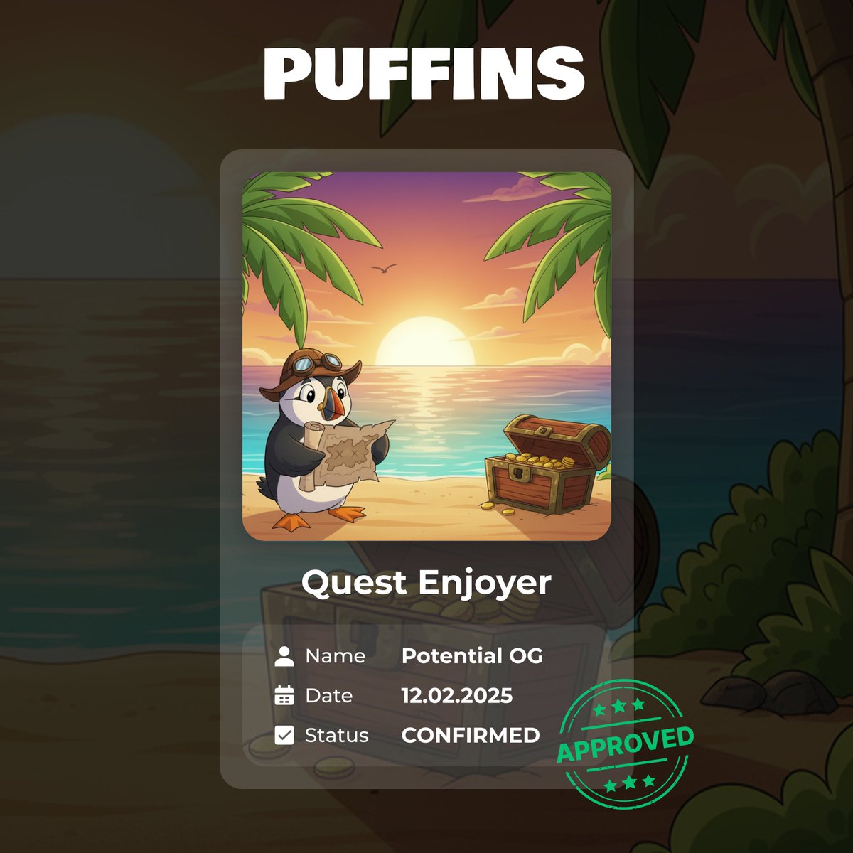 ppuffins's tweet image. We just airdropped an SBT to everyone who filled the OG form in the first 24h 🪂

If you submitted early, 
check your wallet for the “Quest Enjoyer” SBT

lil.puffins.fun

This is just a bonus for early birds, it does not affect your chances of getting a Free Mint spot
