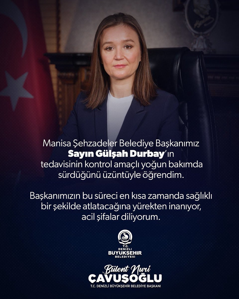 Manisa Şehzadeler Belediye Başkanımız Sayın Gülşah Durbay’ın tedavisinin, kontrol amaçlı olarak yoğun bakımda sürdüğünü üzüntüyle öğrenmiş bulunuyoruz.

Başkanımızın bu süreci en kısa sürede sağlığına kavuşarak atlatacağına yürekten inanıyor, kendisine acil şifalar diliyoruz.