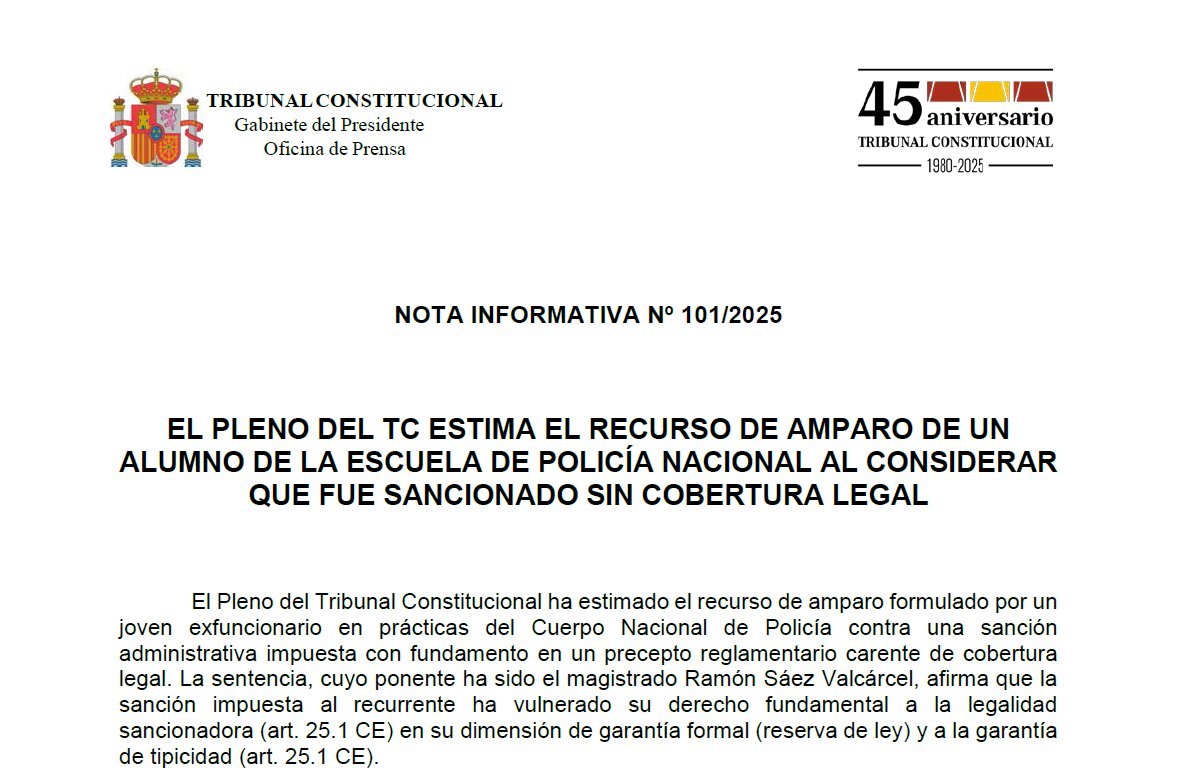 Nota de prensa | El Pleno del TC estima el recurso de amparo de un alumno de la Escuela de Policía Nacional al considerar que fue sancionado sin cobertura legal tribunalconstitucional.es/NotasDePrensaD…