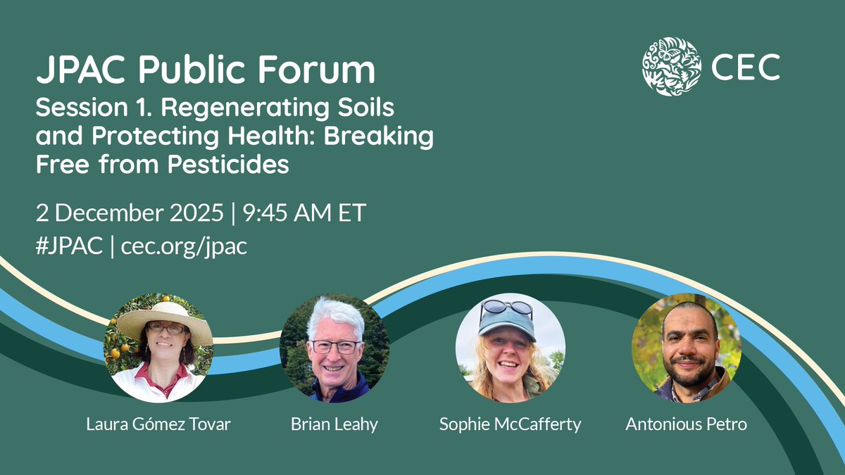 CECweb's tweet image. 🚨Happening TODAY!

⏰ 9:00 AM-Opening remarks 🌿
⏰ 9:45 AM-Regenerating Soils &amp;amp; Protecting Health 🌱
⏰ 11:15 AM-Forever Chemicals in Our Food &amp;amp; Water 💧

Learn + here 👉cec.org/events/jpac-pu…