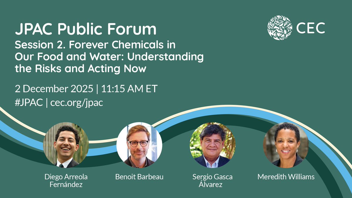 CECweb's tweet image. 🚨Happening TODAY!

⏰ 9:00 AM-Opening remarks 🌿
⏰ 9:45 AM-Regenerating Soils &amp;amp; Protecting Health 🌱
⏰ 11:15 AM-Forever Chemicals in Our Food &amp;amp; Water 💧

Learn + here 👉cec.org/events/jpac-pu…