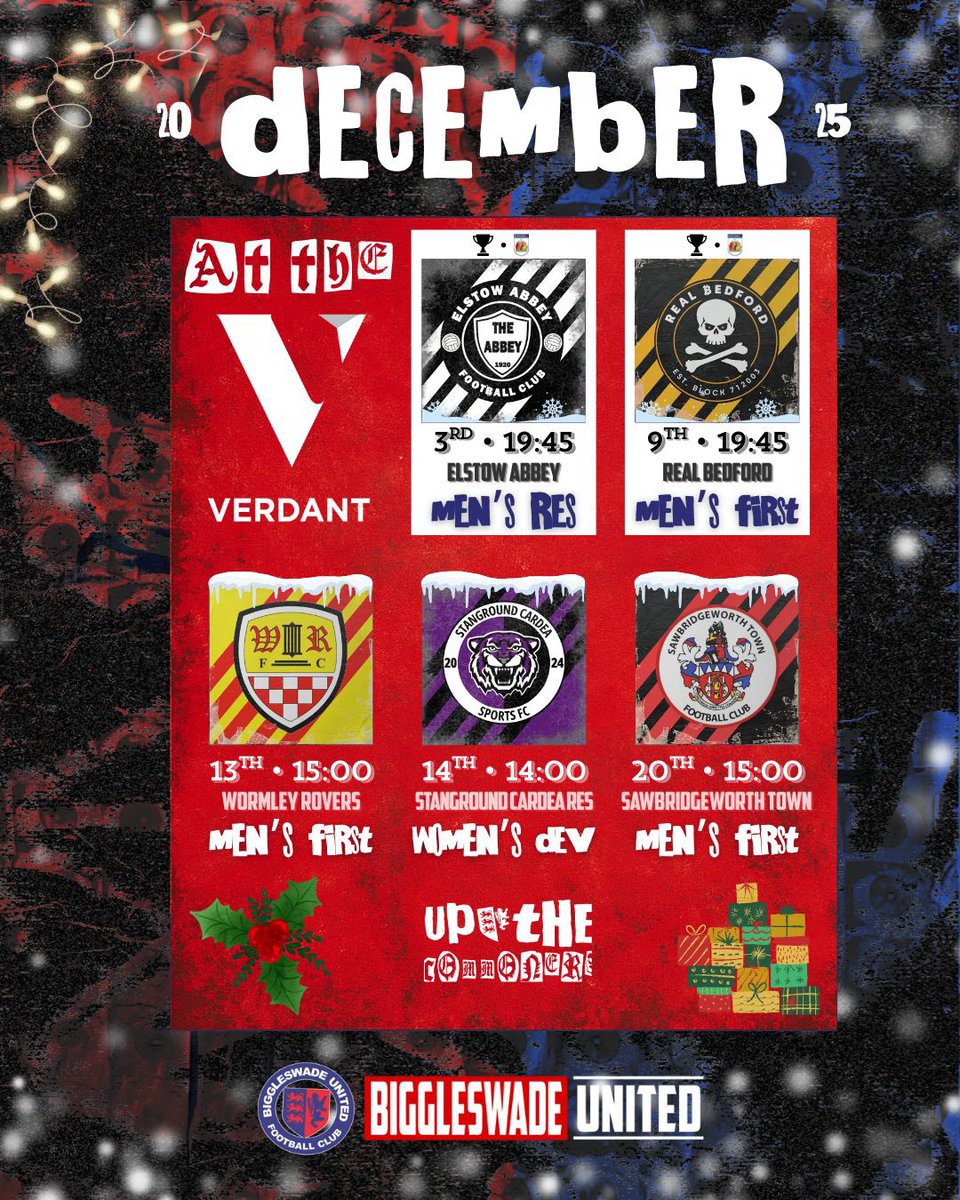 DECEMBER @ THE VERDANT 🎄

Lots of big games to look forward to <a href="/verdantfp/">@verdantfp</a> Stadium this month!

It starts tomorrow with our <a href="/BUFC_Reserves/">Biggleswade United Reserves</a> who play <a href="/ElstowAbbeyFC/">Elstow Abbey FC</a> in the county cup!

Three Matches for Our Men’s First Team!

One Match for Our Women’s Development Team

#OneClub