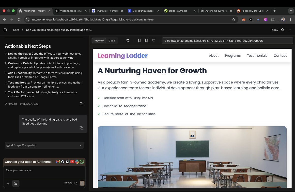 kosaldotio's tweet image. Shipping workflows faster with Autonome AI 🚀 

Connected 20+ apps, built this landing page in minutes—no code hassle. 

From Reddit analysis to scheduled tasks, it&apos;s cheating how easy it is. 

Try it: autonome.kosal.io #IndieHacker #AI
