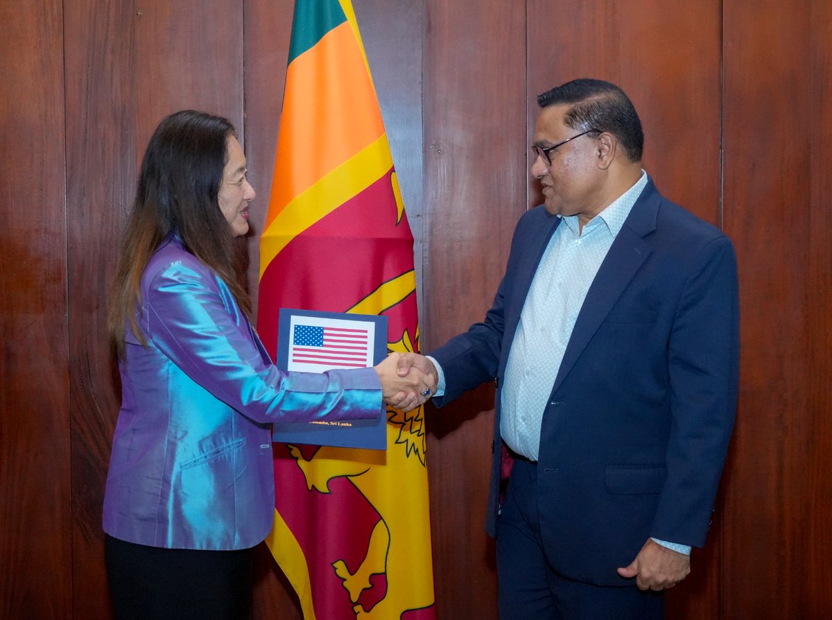HMVijithaHerath's tweet photo. Today, I had the pleasure of receiving United States Ambassador Julie Chung, to appreciate the generous, multifaceted assistance given by the US government, including USD 2 million, to support Sri Lanka’s recovery efforts following the recent adverse weather conditions caused by Cyclone “Ditwah”. On behalf of the Government of Sri Lanka, I extend our sincere appreciation to the United States, a longstanding friend of Sri Lanka, for its support and solidarity with the people of Sri Lanka 🇱🇰🤝🇺🇸