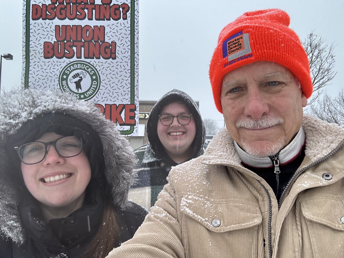 Snow day in Buffalo! Dedicated Starbucks baristas! That’s George and Rebecca who’s partner is fired Starbucks worker Kellen who helped organize the first ever Starbucks store to go union .