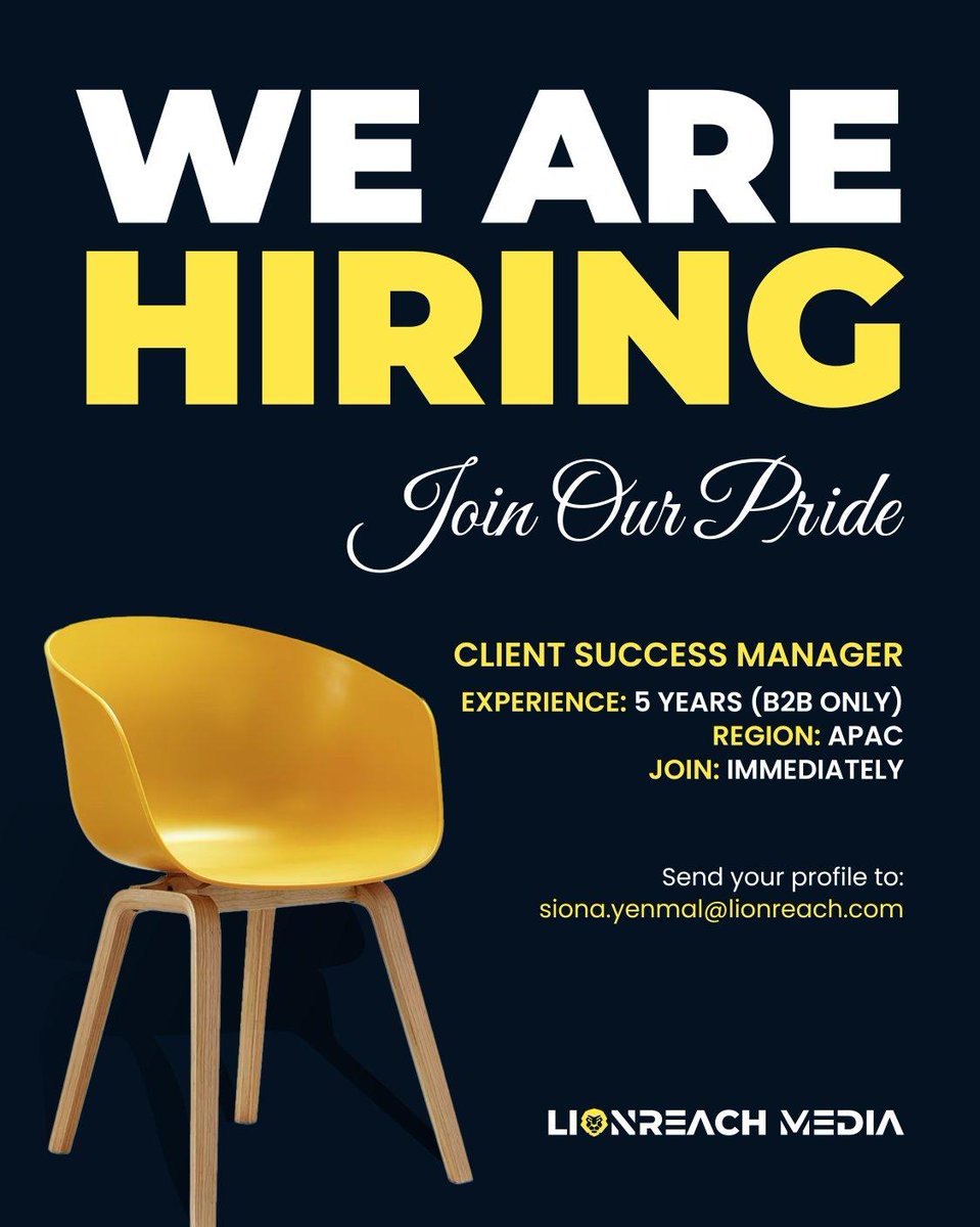 𝗪𝗘 𝗔𝗥𝗘 𝗛𝗜𝗥𝗜𝗡𝗚 – 𝗝𝗼𝗶𝗻 𝗢𝘂𝗿 𝗣𝗿𝗶𝗱𝗲!
 
𝗦𝗲𝗻𝗱 𝘆𝗼𝘂𝗿 𝗽𝗿𝗼𝗳𝗶𝗹𝗲 𝘁𝗼: siona.yenmal@lionreach.com
Let’s grow together. 🌟
 
 #Hiring #ClientSuccessManager #B2B #APAC #LionReachMedia #JoinOurPride #WeAreHiring