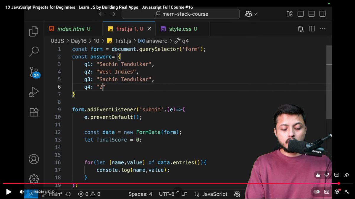 aayush_raj007's tweet image. Day-3️⃣1️⃣&quot;Defence Course&quot; Lecture Completed✅.
Implementing Js concept by creating 10 projects and concepts becomes more clear by creating these projects. Thanks to @rohit_negi9 bhaiya.

Lecture : youtu.be/dQDteO0RXrc?si…

#WebDev #CoderArmy