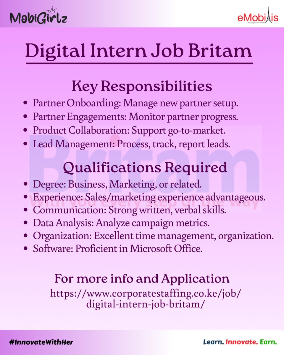 MobbiGirlz's tweet image. Opportunity Alert!  

The Digital Intern Job Britam is open. Gain experience in partner management, product collaboration and data analysis. 

Degree in Business/Marketing required.

Apply now: corporatestaffing.co.ke/job/digital-in…

#DigitalIntern #JobSearch #InnovateWithHer