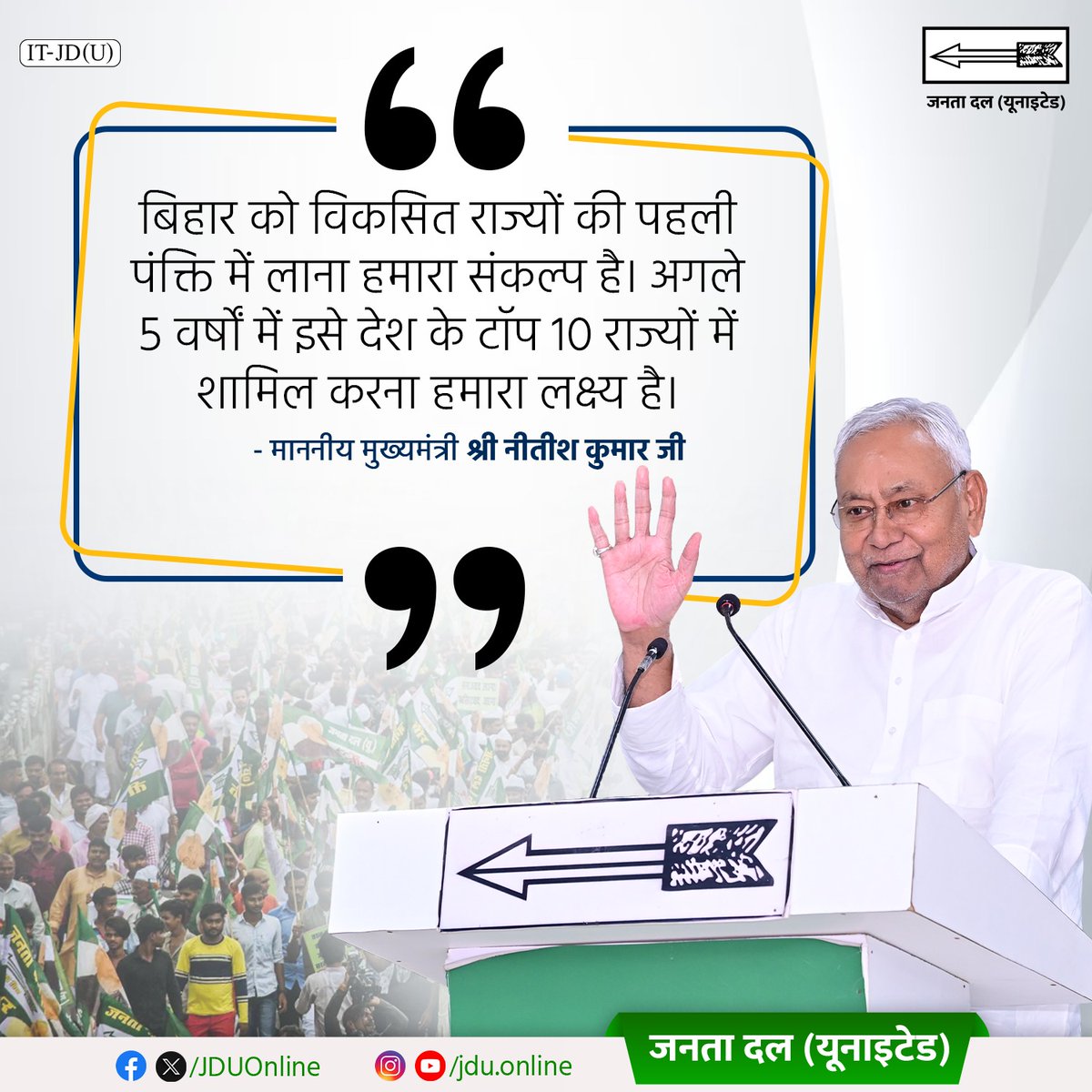 बिहार को विकसित राज्यों की पहली पंक्ति में लाना हमारा संकल्प है। अगले 5 वर्षों में इसे देश के टॉप 10 राज्यों में शामिल करना हमारा लक्ष्य है : माननीय मुख्यमंत्री श्री नीतीश कुमार जी

<a href="/NitishKumar/">Nitish Kumar</a>

#Bihar #NitishKumar
#JDU #JanataDalUnited