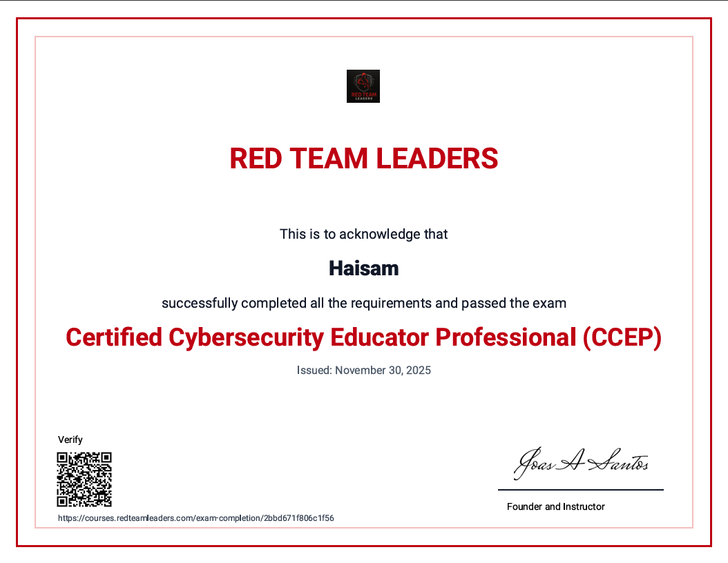 MD_Haisam_'s tweet image. Certified Cybersecurity Educator Professional (CCEP)
~ The Global Standard for Cybersecurity Education and Expertise
#ethicalhacker #ccep #Cybersecurity