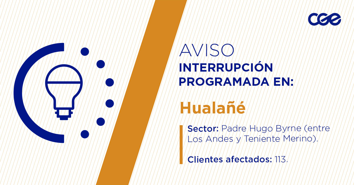 CGE_Clientes's tweet image. Les recordamos que para mejorar la calidad del suministro de nuestros clientes de #Hualañé, hoy, entre 12:30 y 18:30 horas, se realizará una #InterrupciónProgramada (sectores en la imagen 👇) debido a trabajos de mejoras. Esto afectará a 113 clientes. Recuerda desconectar tus…