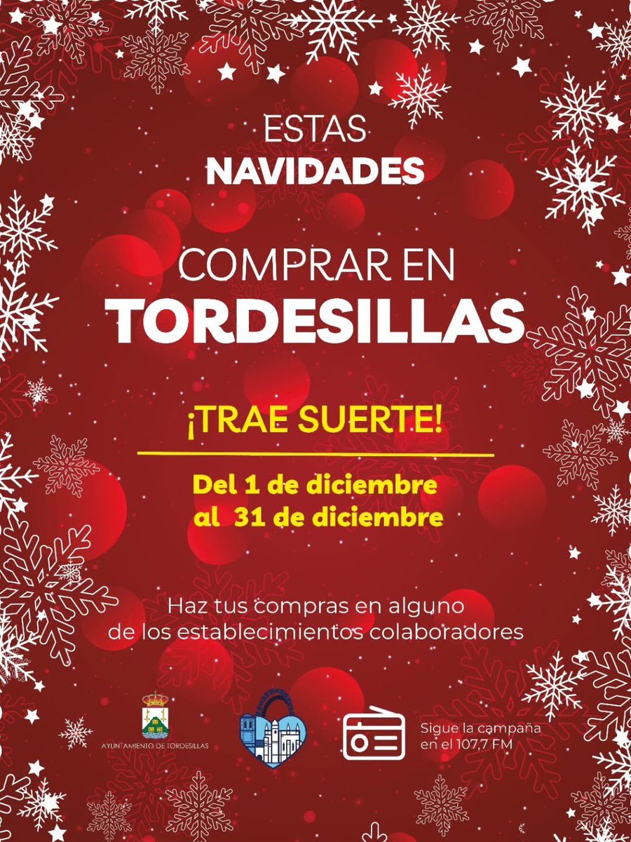 🎁Vuelve la campaña de #Navidad ¡COMPRAR EN TORDESILLAS TRAE SUERTE!. 

Iniciativa para potenciar el comercio local durante estas fechas, premiando las compras con un sorteo de tres cheques regalo de 500 euros. Para compras realizadas desde el 28 de noviembre hasta el 3 de enero