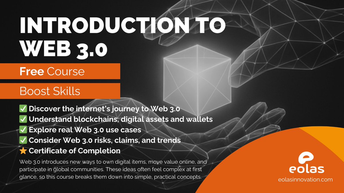 eolasCampus's tweet image. 🔗 Web 3.0 is full of jargon, hype and buzzwords that leave many people confused.

🎯 Our beginner-friendly course “Introduction to Web 3.0” cuts through the noise and turns decentralisation, wallets, digital assets, and online communities into clear, usable concepts.

✅…