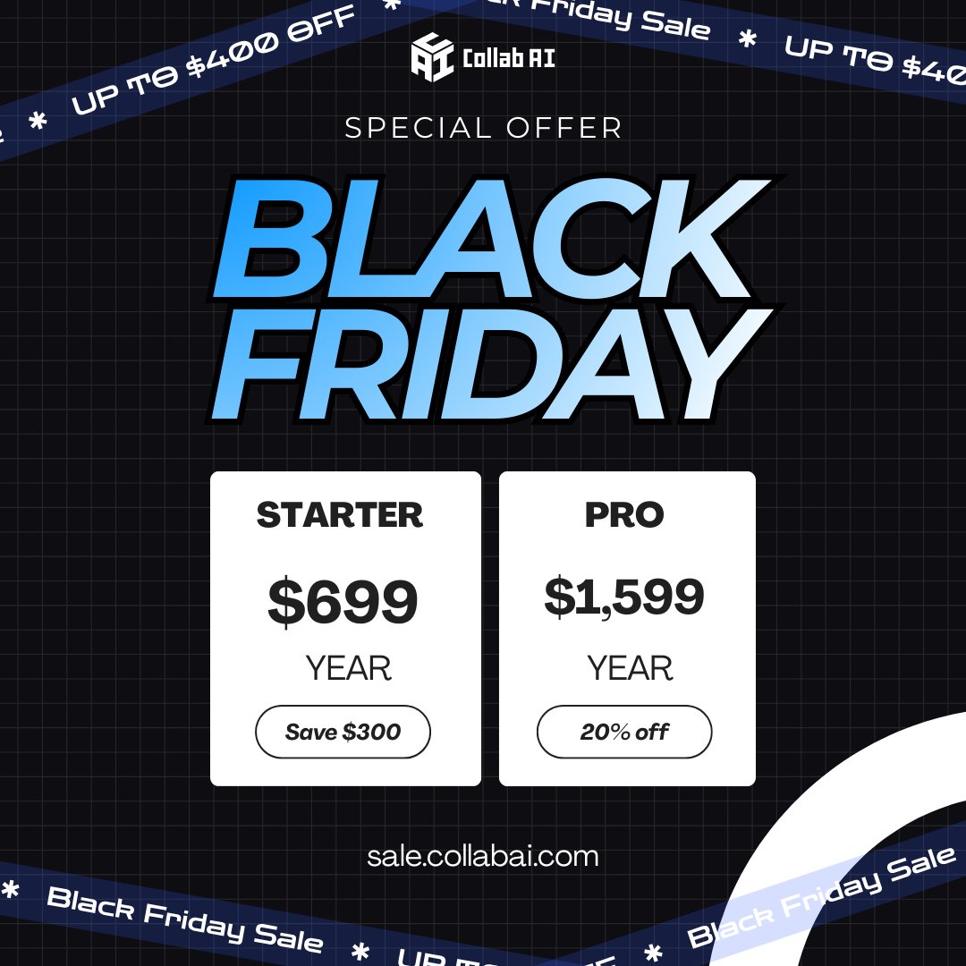 CollabAI1's tweet photo. LAST FEW DAYS LEFT!
The CollabAI Black Friday Extended Offer is ending soon — December 5 2025 is your final deadline.
Unlock $300 savings on Starter or grab 20% OFF Pro and boost your workflow instantlly.
Visit Now → https://t.co/8seAUJlIYL
#CollabAI #BlackFridayExtended https://t.co/dursUGqGoA