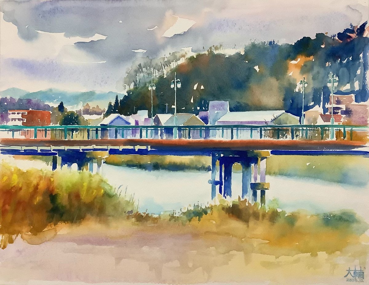 中央橋の冬 2023年 ホワイトワトソン水彩紙F6 ホルベイン透明水彩