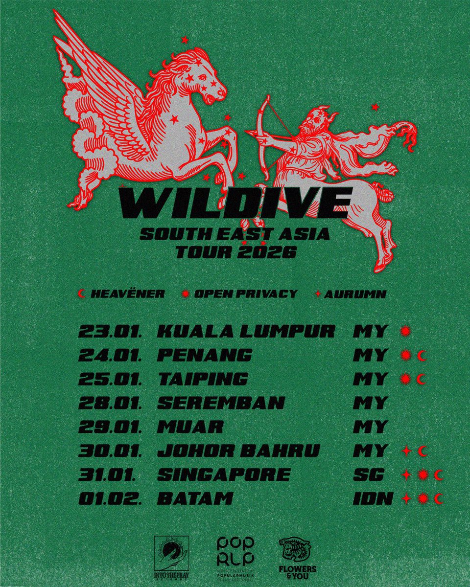 Wildive, Southeast Asia Tour 2026.
A blend of post-punk, dark wave and shoegaze act from Cologne, Germany will be cross some states in Malaysia, Singapore and Indonesia early next year. A few dates will be supported by Open Privacy, heavëner and Aurumn.
Catch them at your city.