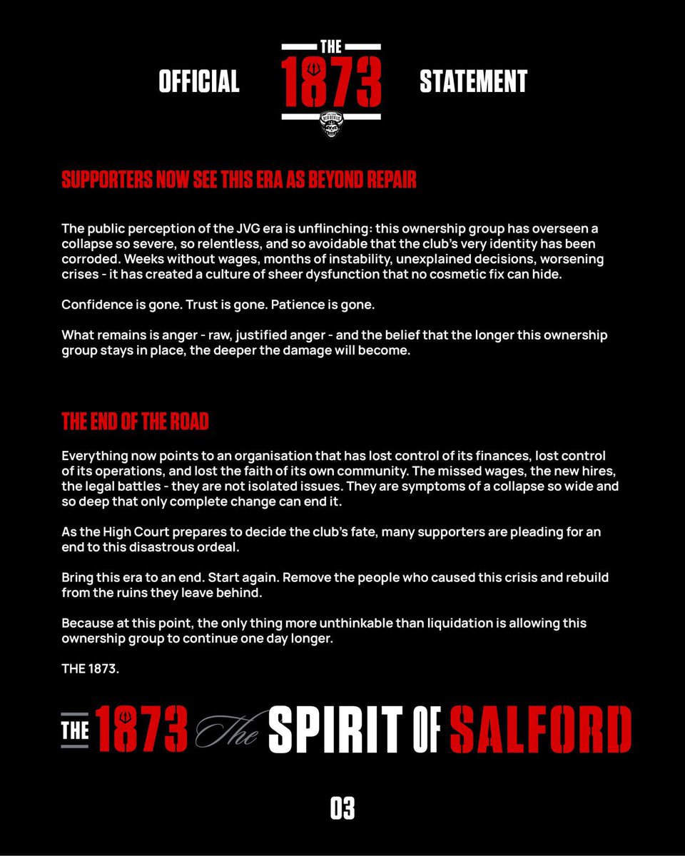 This is the reality at Salford Red Devils. 

Months of unpaid wages
No leadership
No credible plan to take the club forward

The club we love has been dismantled in front of us. 

This must come to an end. Now.

The 1873