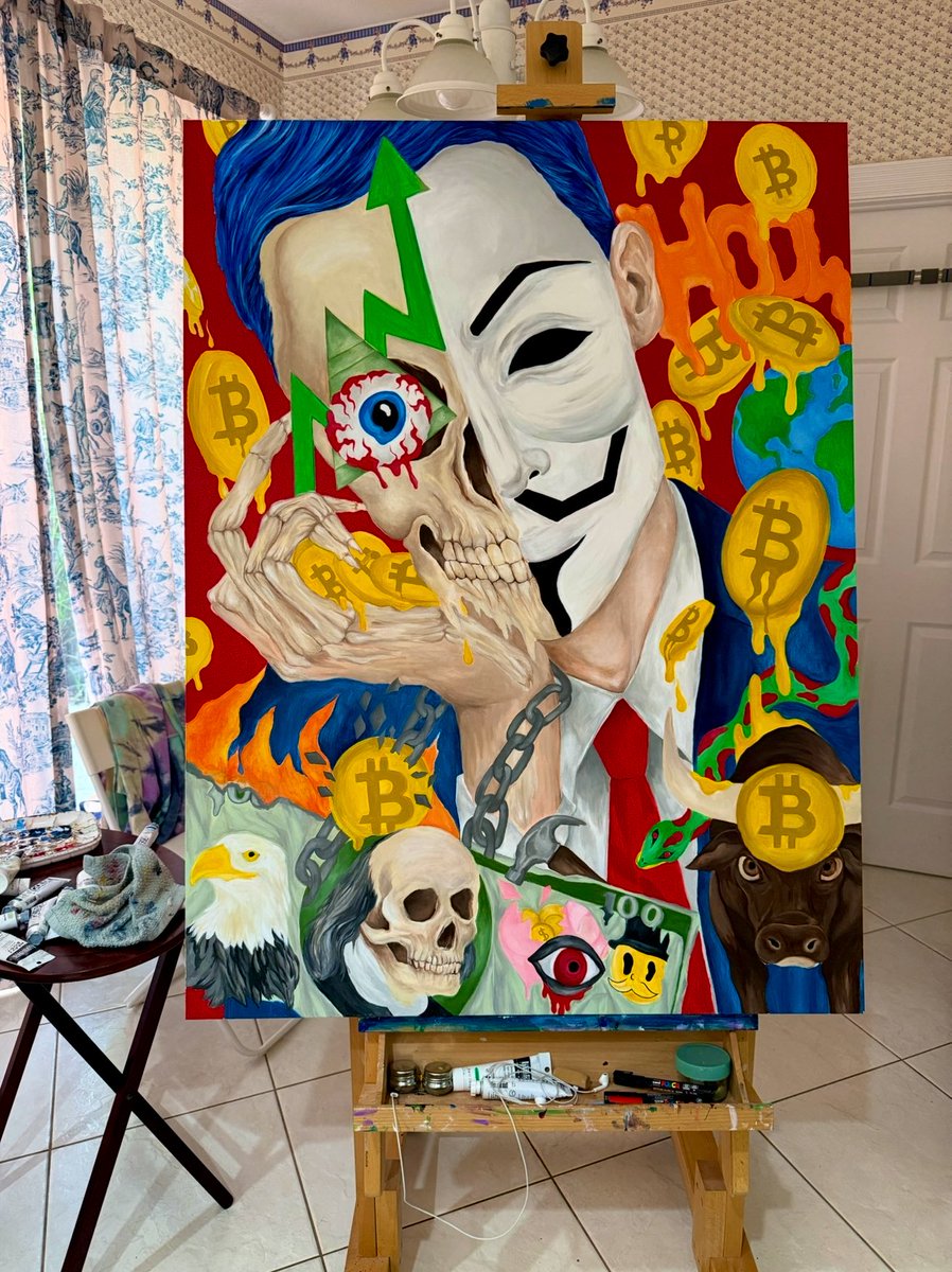 Gm 💀 Painting visions, memories, frequencies…things I believe in 🧡🎨

‘Bitcoin Lives Forever’ Sold.  Acrylic 36x48 // More physical paintings soon