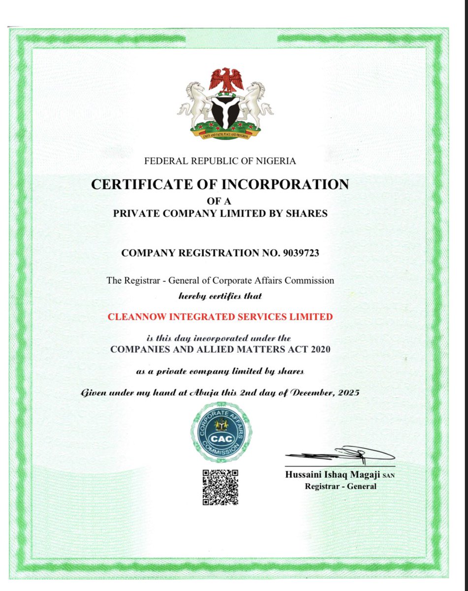 cleannow_space's tweet image. From Vision to Reality . We’re now a full-fledged company, ready to serve you better and bigger. 

Today, CLEAN NOW INTEGRATED SERVICES LIMITED is officially registered with CAC 🎉

Thank you for believing in us. The journey just got real.

#CleanNowIntegrated  #newchapterbegins