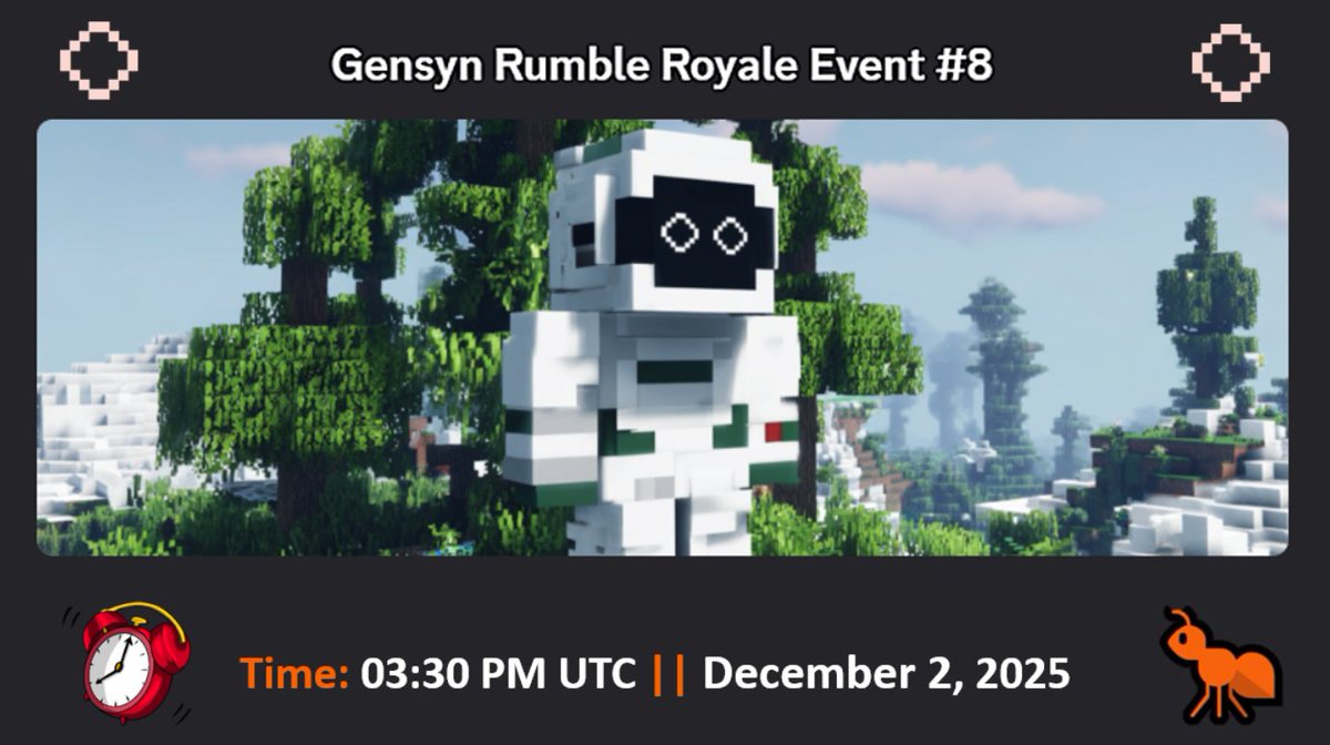 Phat8Web3's tweet image. Don&apos;t forget that today there will be Gensyn Rumble Royale Event #8 on Gensyn discord server.

⏰Time: 03:30 PM UTC || December 2, 2025
📍Link event: discord.com/events/8529324…
🏆 Rewards: 20 total winners earning the Event Winners role and exclusive merch

@gensynai @gensyn_hub