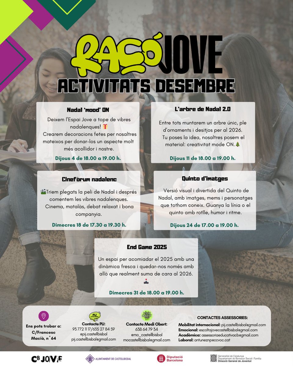 🎄✨ Desembre ja és aquí… i ve carregat d’activitats perquè tanquis l’any amb bona vibra! 

🆓Activitats gratuïtes
✅Sense inscripció prèvia

#castellbisbal #cbagenda #cbracojove #cbdesembre