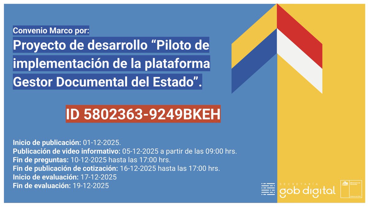 🚀 Ya está disponible el Convenio Marco por el proyecto “Piloto de implementación del Gestor Documental del Estado”.

🇨🇱 Avanzamos hacia un Estado más moderno y eficiente.

🗓️ Cotizaciones hasta el 16/12/2025
🔗 Más info: conveniomarco2.mercadopublico.cl/software3/quot…
