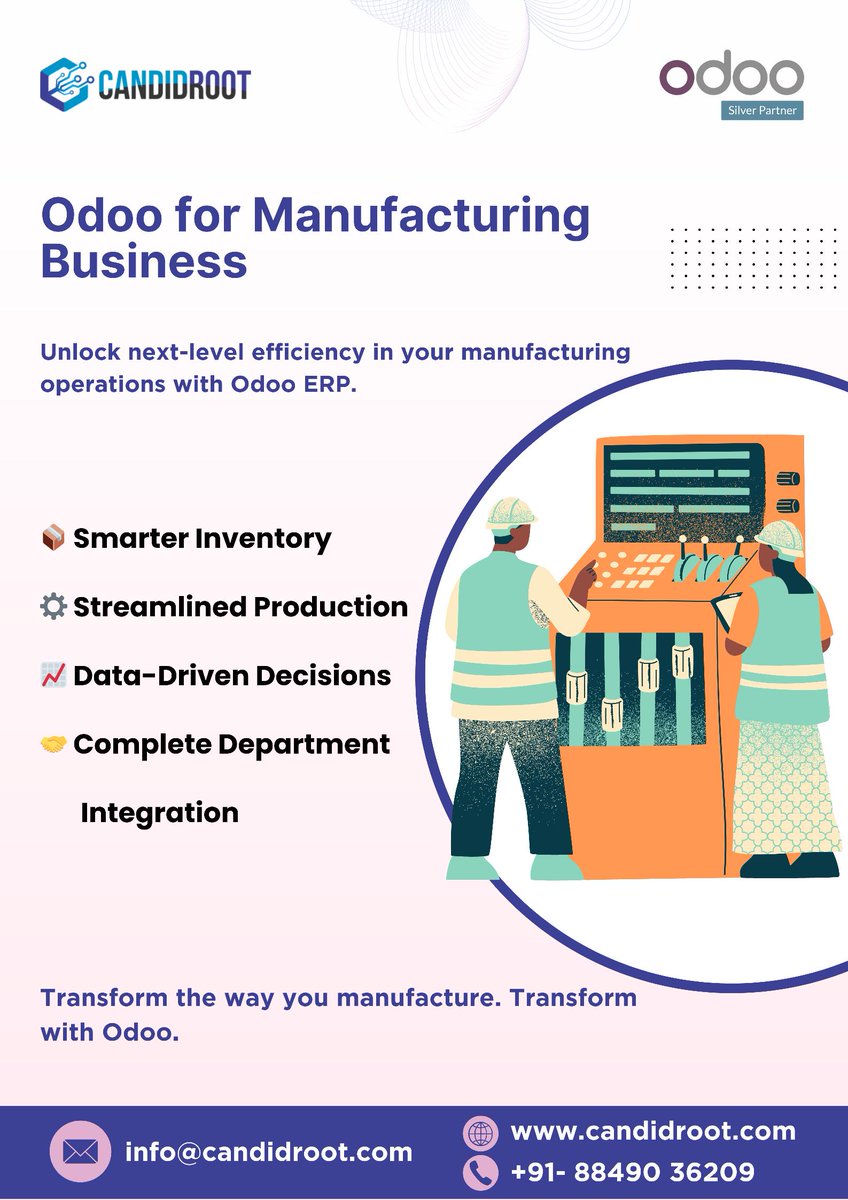 candidroot's tweet image. Transform your manufacturing operations with the power of Odoo ERP.

Visit : candidroot.com/odoo-manufactu…

#Odoo #OdooERP #ManufacturingERP #SmartManufacturing #Automation #Industry40 #DigitalTransformation #ERPsolutions
