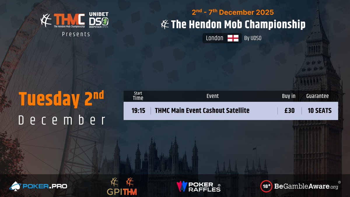 🇬🇧♣️🟠 Our Hendon Mob Championship London, powered by <a href="/DeepStackOpen/">DeepStack Open</a>, kicks off today at Genting Casino Stratford with a £30 Main Event satellite, 10 seats guaranteed.
🔗 Schedule: pokerdb.thehendonmob.com/festival.php?a…
ℹ gentingcasinos.co.uk/whats-on/the-h… &amp; <a href="/gukstrat_poker/">Genting Stratford Poker</a>