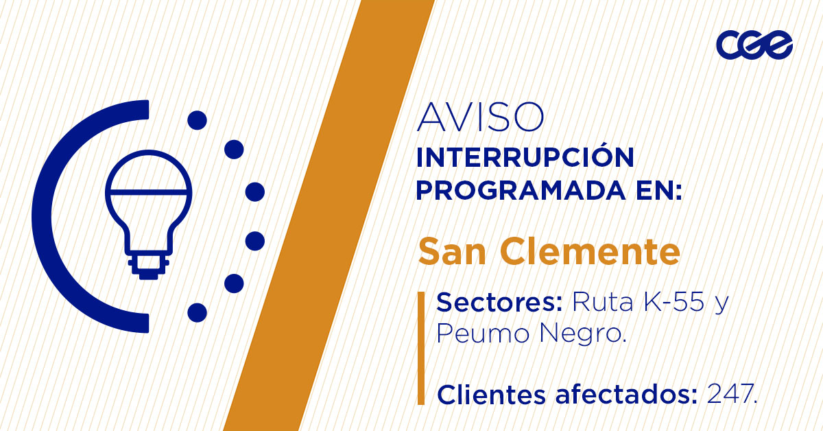 CGE_Clientes's tweet image. Les recordamos que para mejorar la calidad del suministro de nuestros clientes de #SanClemente, hoy, entre 09:30 y 14:30 horas, se realizará una #InterrupciónProgramada (sectores en la imagen 👇) debido a trabajos de mejoras. Esto afectará a 247 clientes. Recuerda desconectar tus…