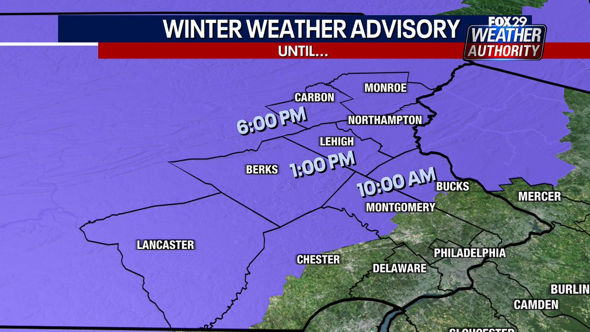 SueSerioFox29's tweet image. WINTER WEATHER ADVISORIES are out for the places where some snow accumulation is expected. The expiration times are different, depending on the time when the snow is expected to change over to rain. In the mountains, it&apos;s all snow-ending by 6:00 pm. More @fox29philly
